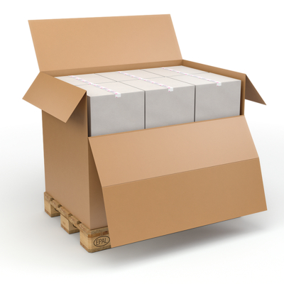 Caja contenedor con faldón y tapa